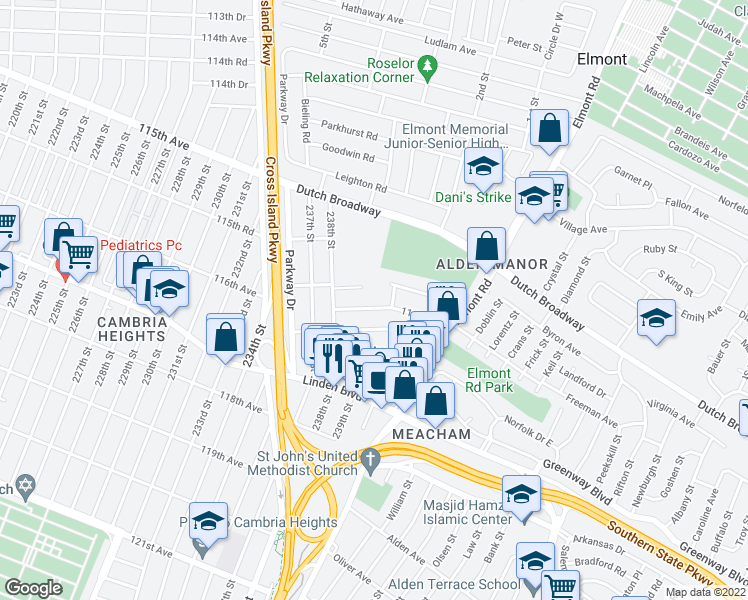 map of restaurants, bars, coffee shops, grocery stores, and more near 714 239th Street in Elmont