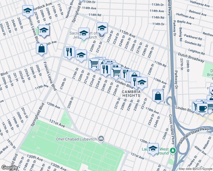 map of restaurants, bars, coffee shops, grocery stores, and more near 117-18-117-20 224th Street in Queens