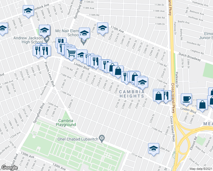 map of restaurants, bars, coffee shops, grocery stores, and more near 117-20 224th Street in Queens