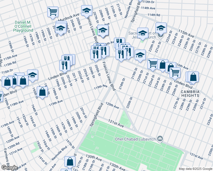 map of restaurants, bars, coffee shops, grocery stores, and more near 118-54 Nashville Boulevard in Queens