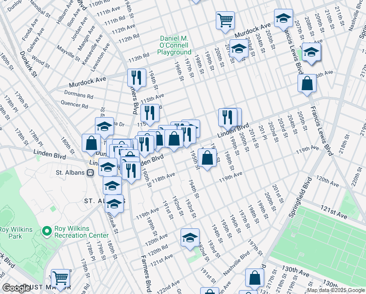 map of restaurants, bars, coffee shops, grocery stores, and more near 11637 194th Street in Queens