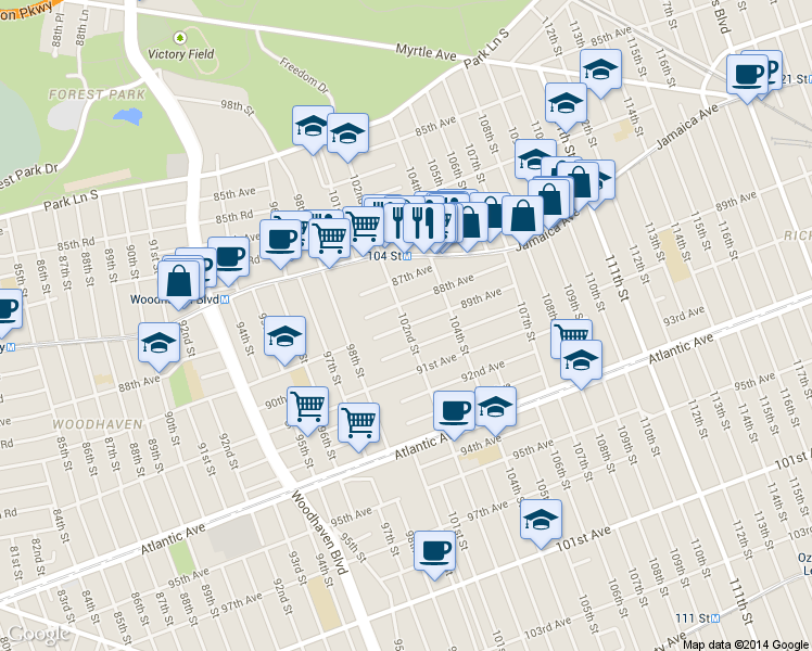 map of restaurants, bars, coffee shops, grocery stores, and more near 100-28 88th Avenue in Queens