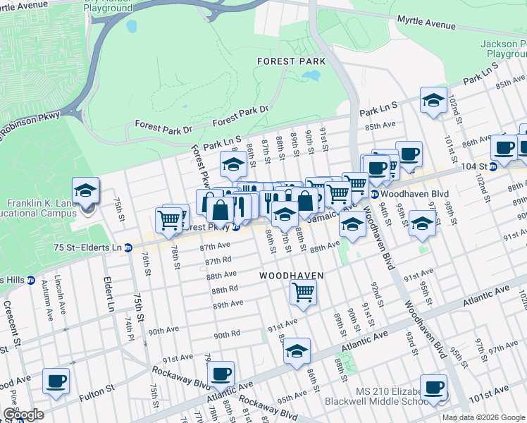 map of restaurants, bars, coffee shops, grocery stores, and more near 8608 86th Street in Queens