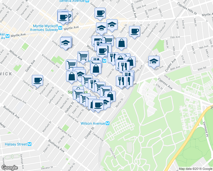 map of restaurants, bars, coffee shops, grocery stores, and more near 342 Eldert Street in Brooklyn