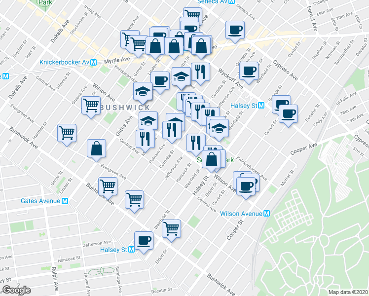 map of restaurants, bars, coffee shops, grocery stores, and more near 1328 Putnam Avenue in Brooklyn