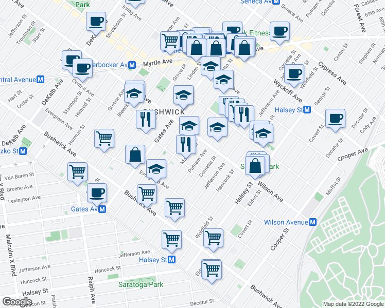 map of restaurants, bars, coffee shops, grocery stores, and more near 1315 Putnam Avenue in Brooklyn