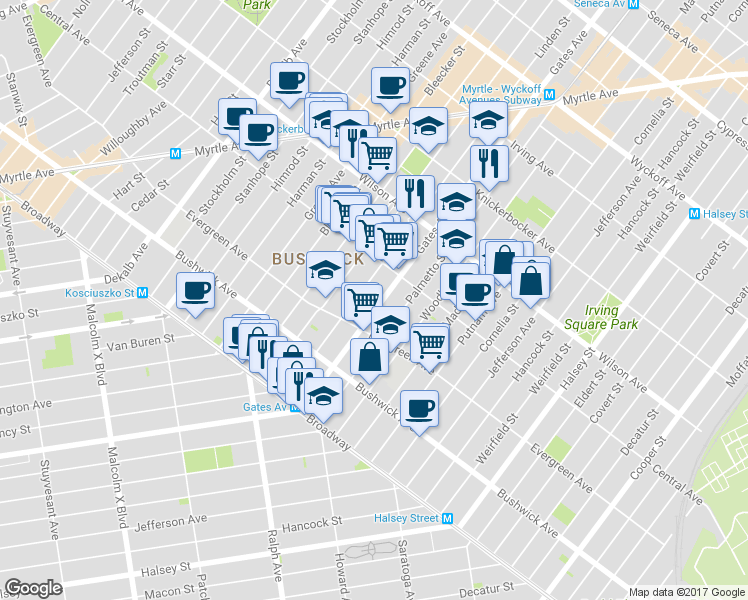 map of restaurants, bars, coffee shops, grocery stores, and more near 1257 Gates Avenue in Brooklyn