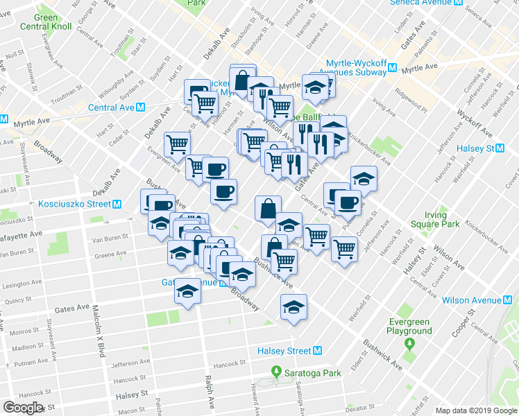 map of restaurants, bars, coffee shops, grocery stores, and more near 120 Grove Street in Brooklyn