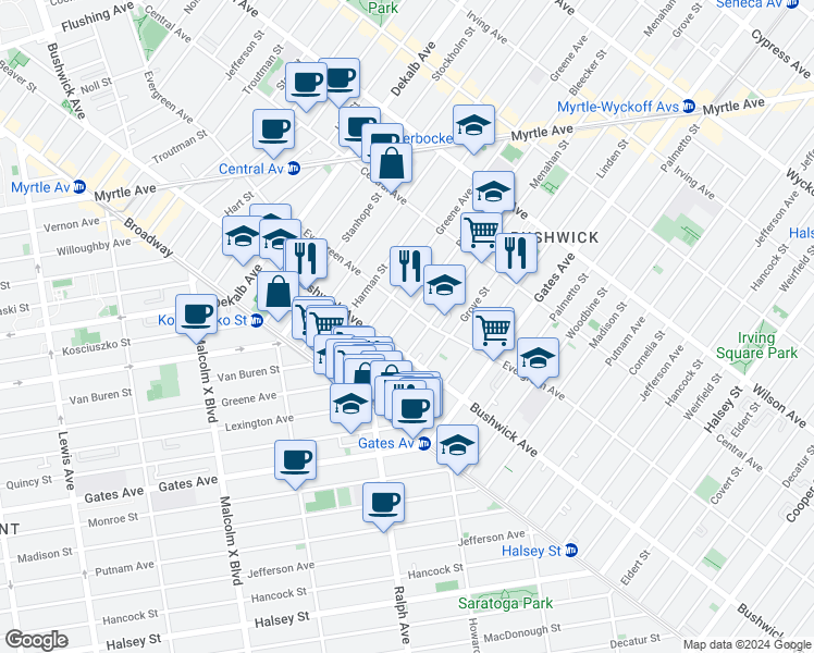 map of restaurants, bars, coffee shops, grocery stores, and more near 31 Bleecker Street in Brooklyn