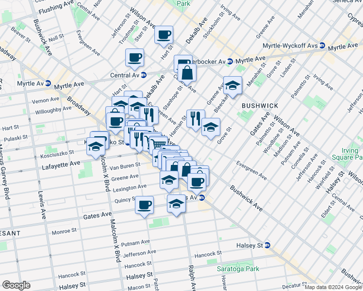 map of restaurants, bars, coffee shops, grocery stores, and more near 1099 Greene Avenue in Brooklyn