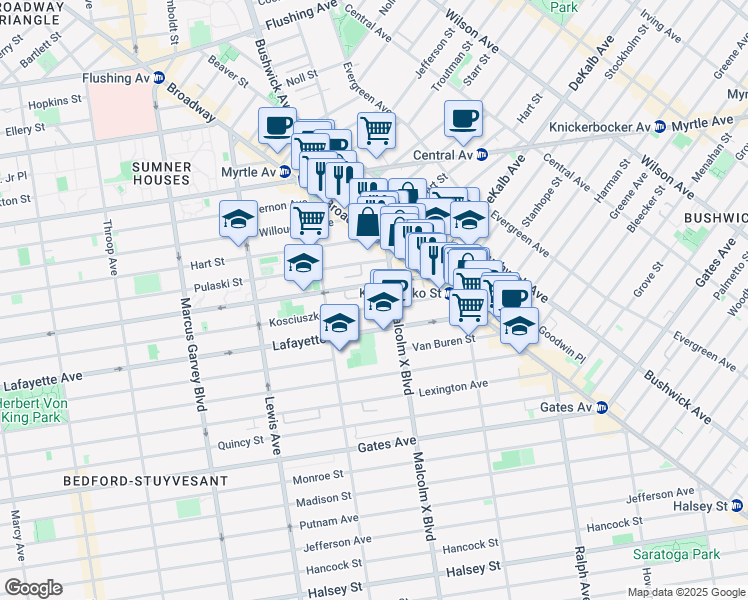 map of restaurants, bars, coffee shops, grocery stores, and more near 1066A Dekalb Avenue in Brooklyn