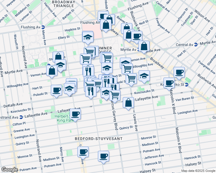 map of restaurants, bars, coffee shops, grocery stores, and more near 280 Hart Street in Brooklyn