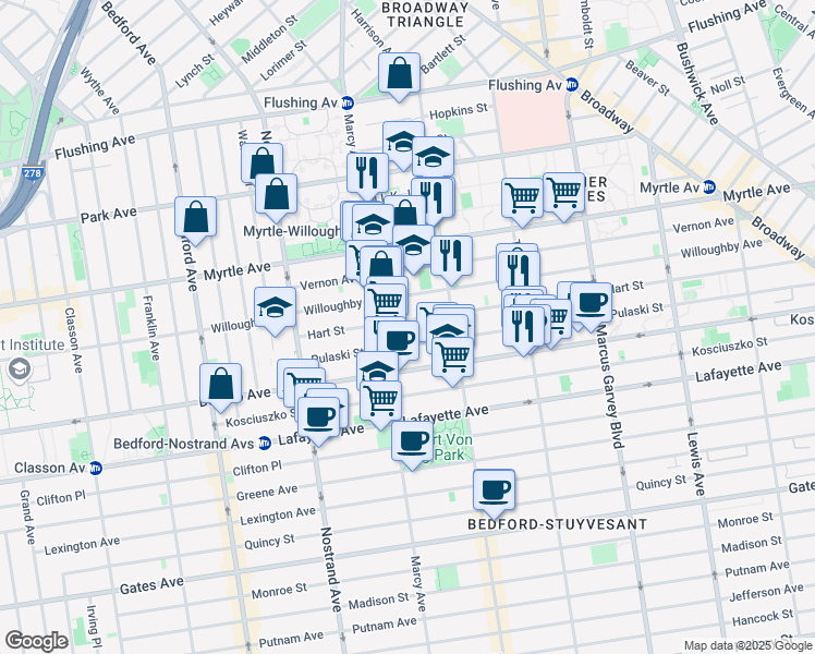 map of restaurants, bars, coffee shops, grocery stores, and more near 111 Hart Street in Brooklyn