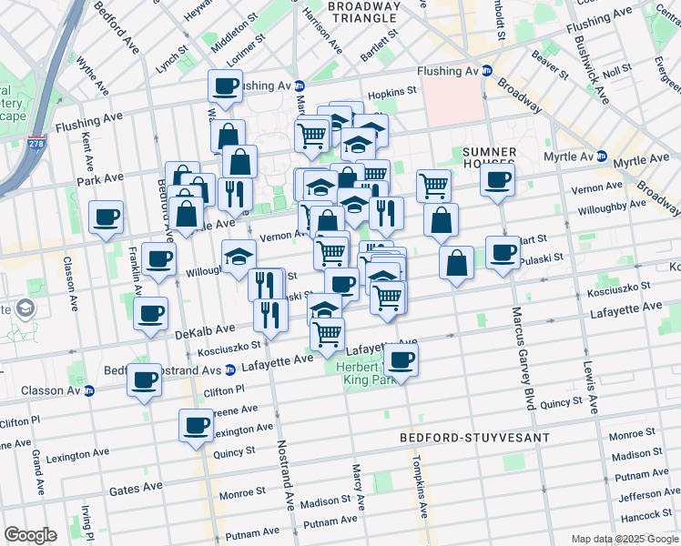 map of restaurants, bars, coffee shops, grocery stores, and more near 611 Marcy Avenue in Brooklyn