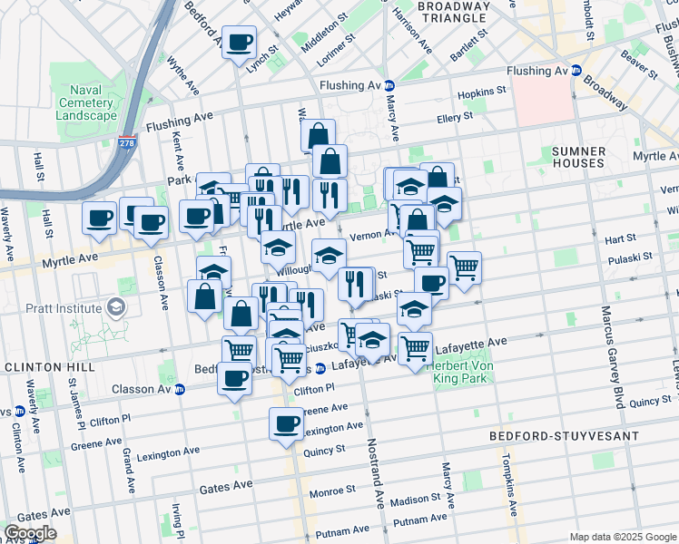 map of restaurants, bars, coffee shops, grocery stores, and more near 427 Willoughby Avenue in Brooklyn