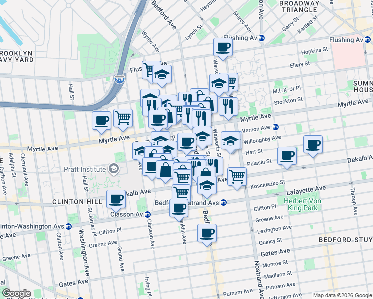 map of restaurants, bars, coffee shops, grocery stores, and more near 908A Bedford Avenue in Brooklyn