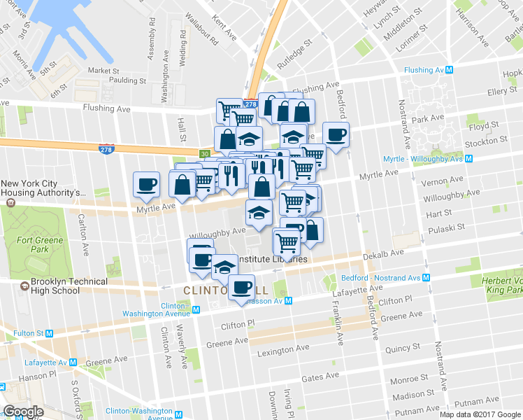 map of restaurants, bars, coffee shops, grocery stores, and more near 112 Emerson Place in Brooklyn