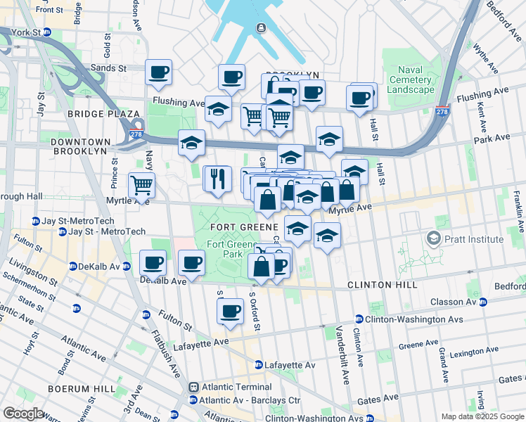 map of restaurants, bars, coffee shops, grocery stores, and more near 329 Myrtle Avenue in Brooklyn