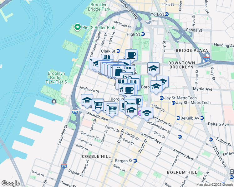map of restaurants, bars, coffee shops, grocery stores, and more near 134 Remsen Street in Brooklyn