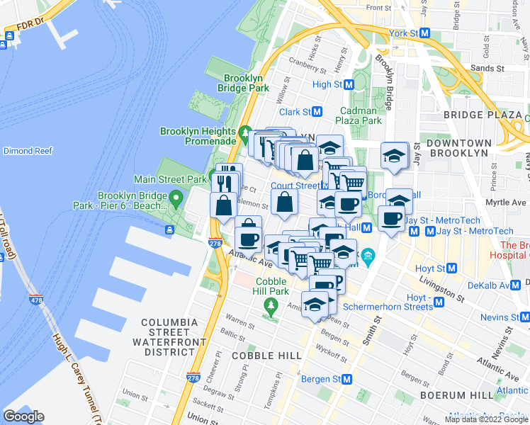 map of restaurants, bars, coffee shops, grocery stores, and more near 79 Joralemon Street in Brooklyn