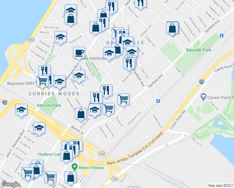 map of restaurants, bars, coffee shops, grocery stores, and more near 156 Ocean Avenue in Jersey City