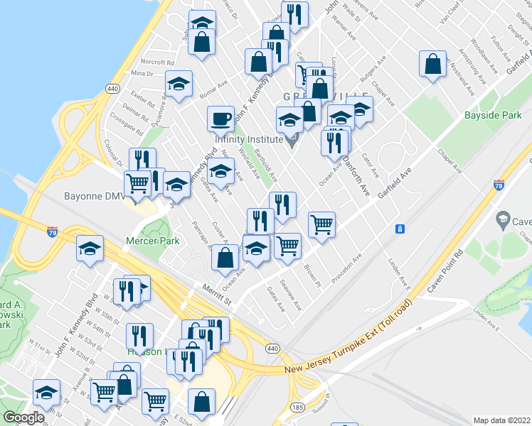 map of restaurants, bars, coffee shops, grocery stores, and more near 124 Old Bergen Road in Jersey City