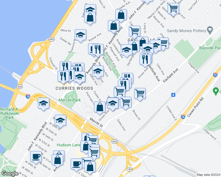 map of restaurants, bars, coffee shops, grocery stores, and more near 160 Seaview Avenue in Jersey City