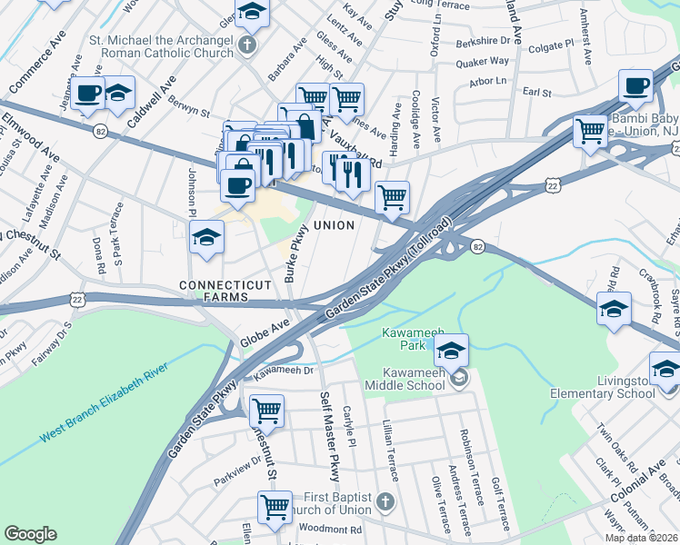 map of restaurants, bars, coffee shops, grocery stores, and more near 942 Floyd Terrace in Union