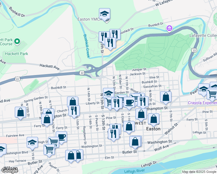 map of restaurants, bars, coffee shops, grocery stores, and more near 1239 Bushkill Street in Easton