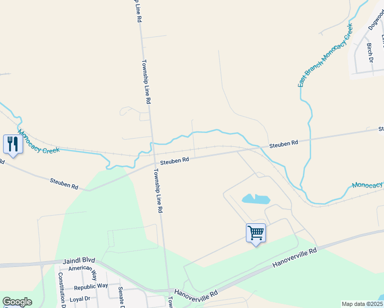 map of restaurants, bars, coffee shops, grocery stores, and more near 4932 Steuben Road in Nazareth