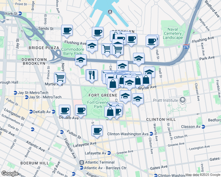 map of restaurants, bars, coffee shops, grocery stores, and more near 326 Myrtle Avenue in Brooklyn