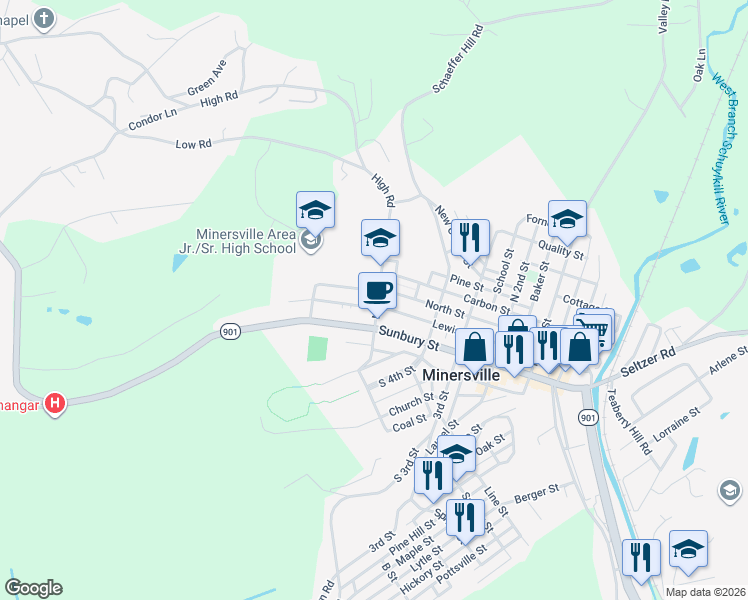 map of restaurants, bars, coffee shops, grocery stores, and more near 514 North Street in Minersville
