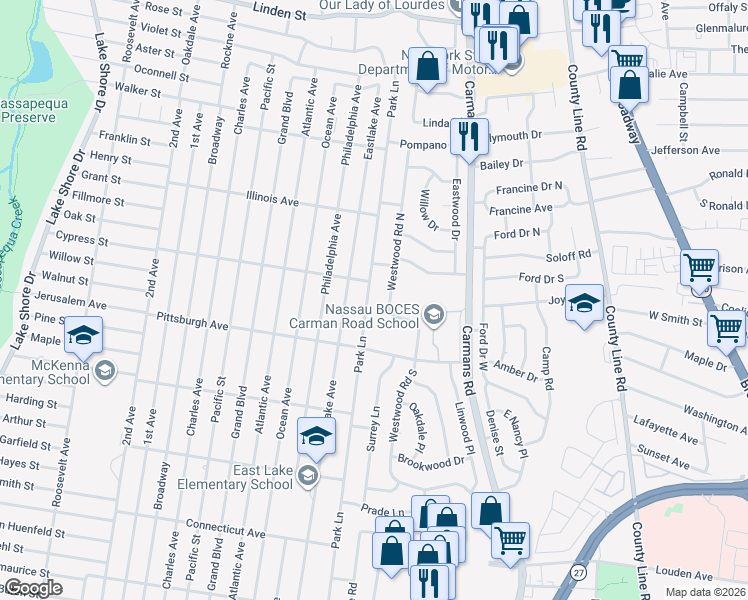 map of restaurants, bars, coffee shops, grocery stores, and more near 303 Park Lane in Massapequa Park