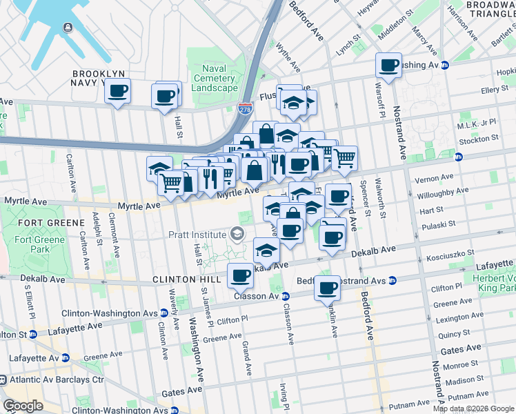 map of restaurants, bars, coffee shops, grocery stores, and more near 112 Emerson Place in Brooklyn