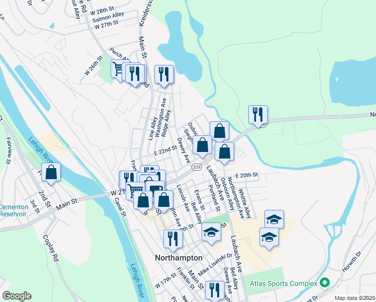 map of restaurants, bars, coffee shops, grocery stores, and more near 2211 Dewey Avenue in Northampton