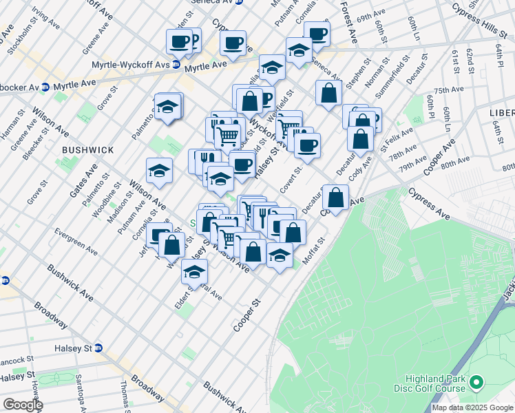 map of restaurants, bars, coffee shops, grocery stores, and more near 322 Eldert Street in Brooklyn