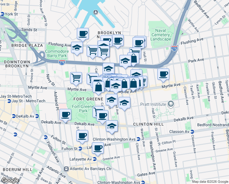map of restaurants, bars, coffee shops, grocery stores, and more near 155 Clermont Avenue in Brooklyn
