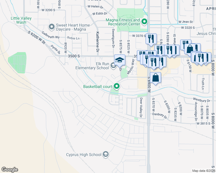 map of restaurants, bars, coffee shops, grocery stores, and more near 3635 Evening Light Cove in Magna