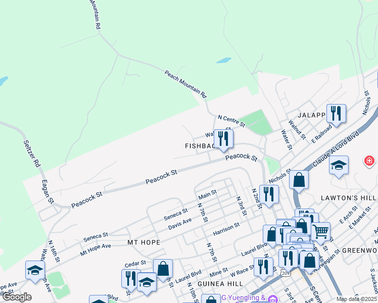 map of restaurants, bars, coffee shops, grocery stores, and more near 314 West Railroad Street in Pottsville