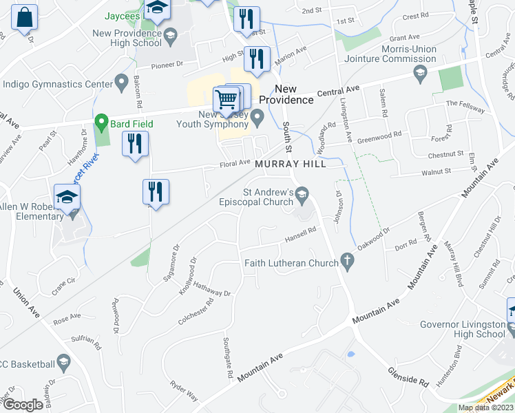 map of restaurants, bars, coffee shops, grocery stores, and more near 64 Ethan Drive in New Providence