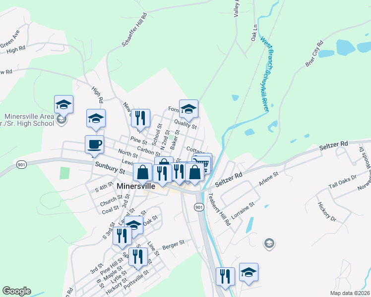 map of restaurants, bars, coffee shops, grocery stores, and more near 339 North Front Street in Minersville