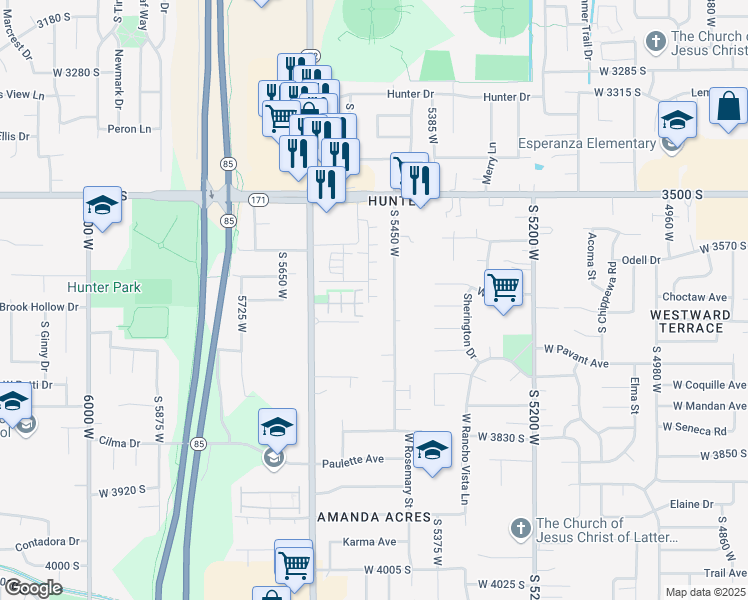 map of restaurants, bars, coffee shops, grocery stores, and more near 5487 West Fade Court in West Valley City