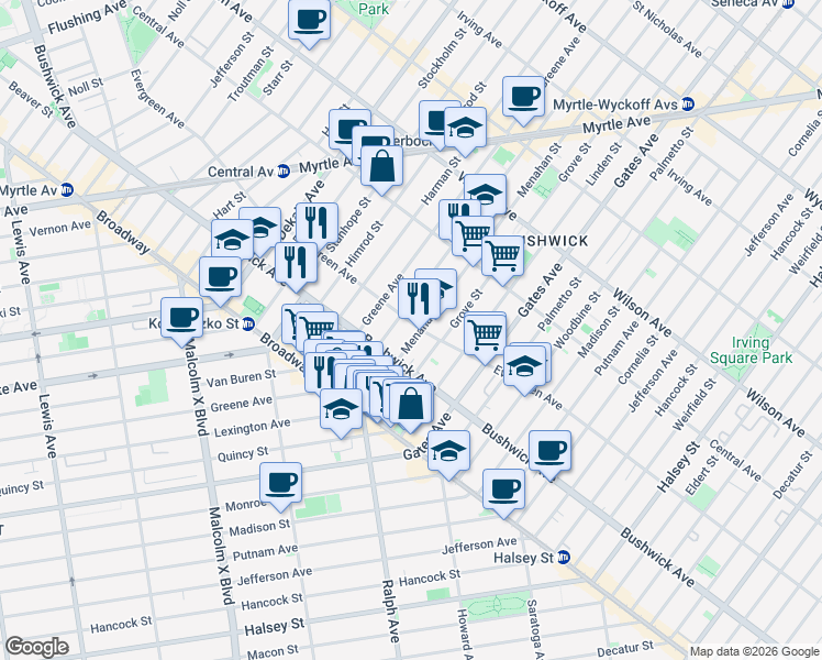 map of restaurants, bars, coffee shops, grocery stores, and more near 412 Evergreen Avenue in Brooklyn