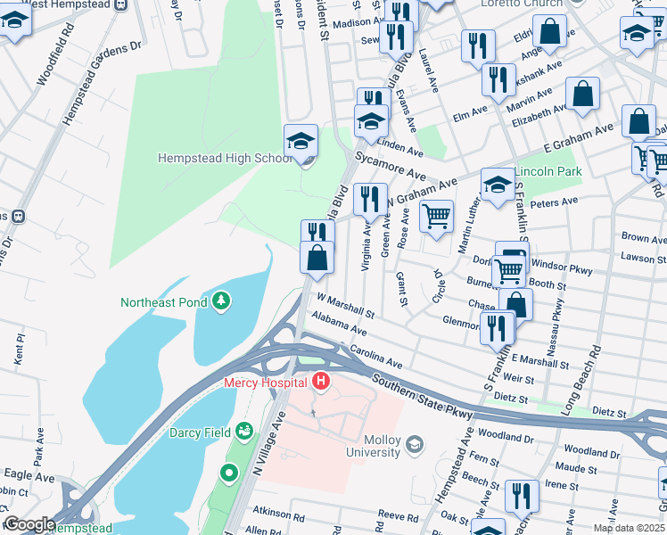 map of restaurants, bars, coffee shops, grocery stores, and more near 127 Mason Street in Hempstead