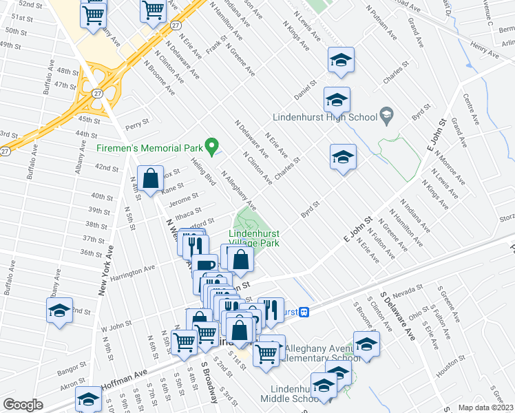 map of restaurants, bars, coffee shops, grocery stores, and more near 388 North Alleghany Avenue in Lindenhurst