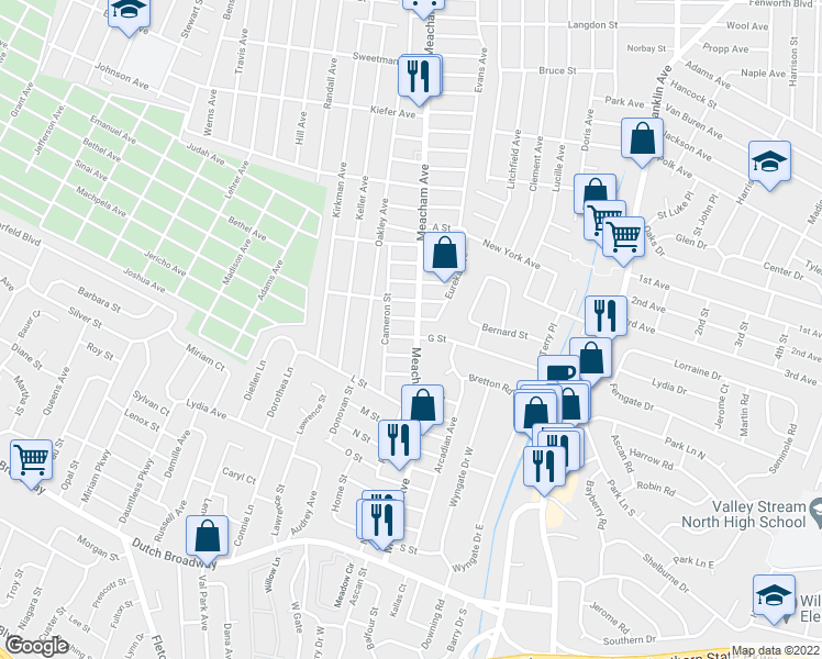 map of restaurants, bars, coffee shops, grocery stores, and more near 485 Meacham Avenue in Elmont
