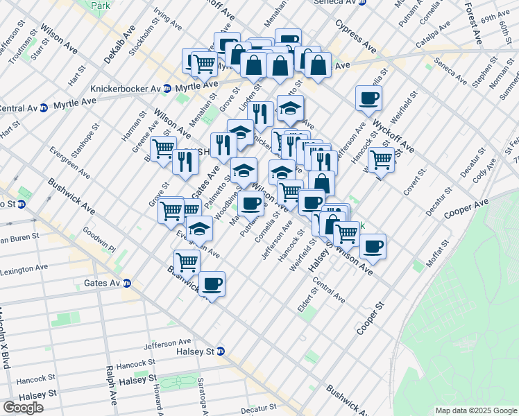 map of restaurants, bars, coffee shops, grocery stores, and more near 1299 Putnam Avenue in Brooklyn