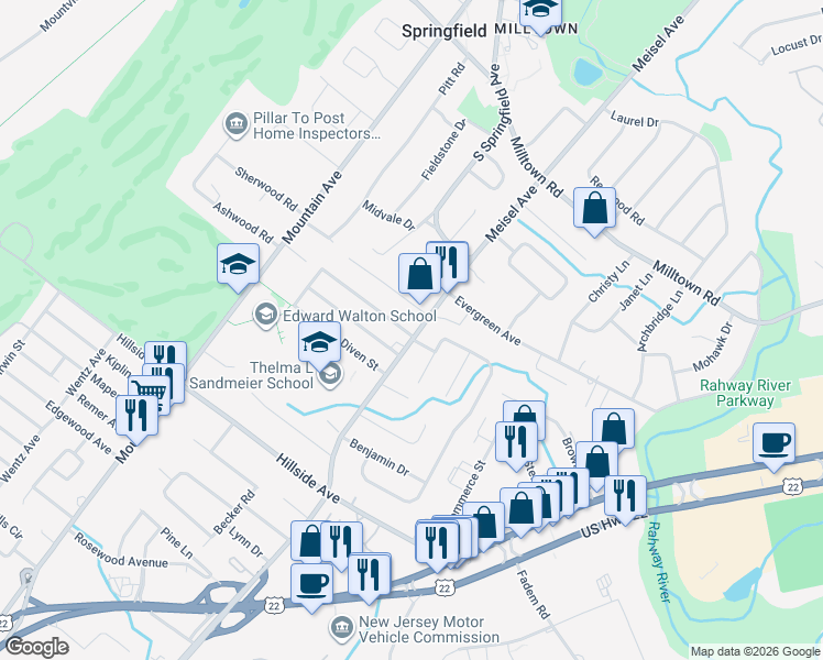 map of restaurants, bars, coffee shops, grocery stores, and more near 26 Ruby Street in Springfield