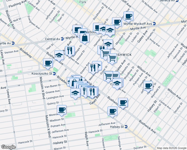 map of restaurants, bars, coffee shops, grocery stores, and more near Evergreen Avenue & Menahan Street in Brooklyn