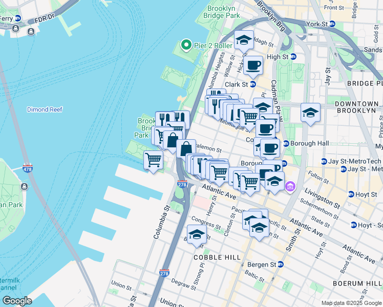 map of restaurants, bars, coffee shops, grocery stores, and more near 19 Columbia Place in Brooklyn